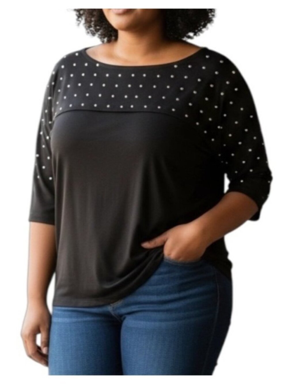 Ruby Rd Studded Top~Size Petite Large~Black/Silver Colorful Embellishments L6 13